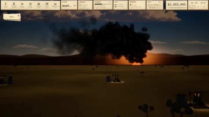 The refinery on fire at dusk